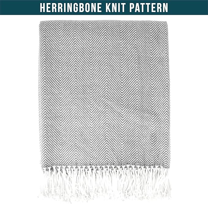 PAVILIA Light Gray Herringbone Throw for Couch, Decorative Outdoor Accent Blanket, Faux Cashmere, 50x60