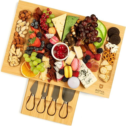 ROYAL CRAFT WOOD Premium Bamboo Charcuterie Board Set - Cheese Platter & Serving Tray & Serving Utensils - Perfect Housewarming Gift, Wedding, Bridal Shower Gift - Ideal for Entertaining and New Home