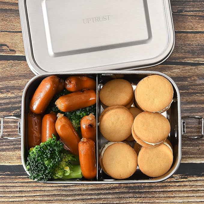 UPTRUST Stainless Steel Lunch Box, 800ML/27oz, Metal Bento Boxes with Lockable Clips t, Adjustable Divider included, Metal Lunch box for Travel & Work