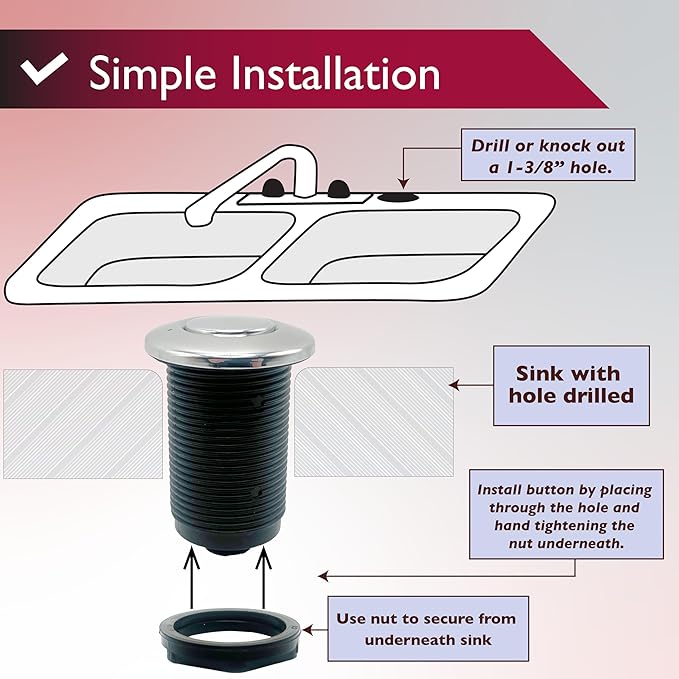 Disposal Air Switch Kit for Garbage Disposal Hands-Free UL Approved Includes 6' Air Tube 1-3/8" Air Button Safe & Convenient for Kitchen No Wiring Needed (Brushed Stainless Steel)