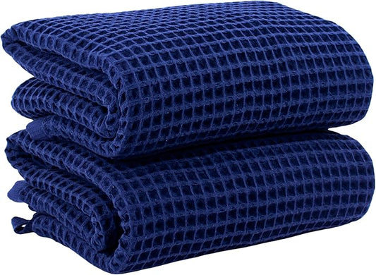 PÜSKÜL Premium Waffle Bath Towels Set of 2 - Organic 100% Turkish Cotton Bath Towel - Quick Dry, Absorbent, Light, Thin, 32x63 Large Waffle Towels for Bathroom (Navy Blue Bath Towels - Pack of 2)