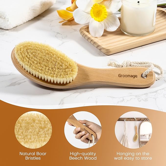 Dry Brush for Body, Natural Bristle Dry Exfoliating Body Brush for Skin Care, Cellulite, Lymphatic Drainage