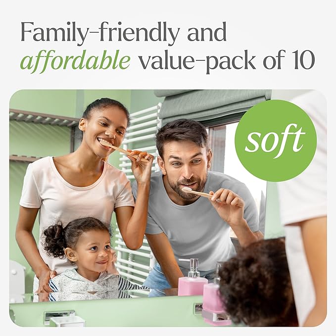 Bamboo Toothbrushes 10 Pack – Natural Toothbrushes, Plant-Based Soft Bristles – Eco-Friendly Wooden Toothbrush