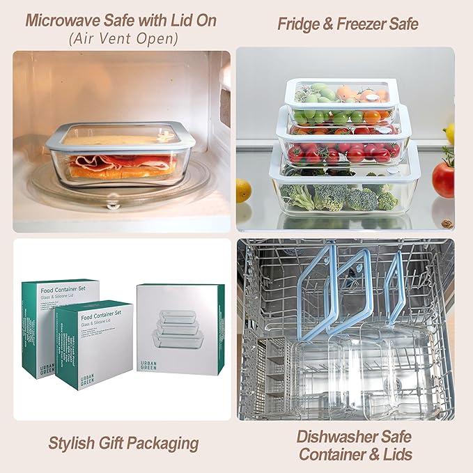 Urban Green Glass Food Container Set with Glass Lid, 6 Pack, Meal Prep Containers with Silicone Framed Airtight Lid, Leakproof, 100% Plastic Free,