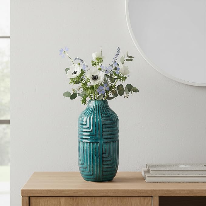 hjn Tea Ceramic Vase- Modern Decor Vases for Living Room/Bookshelf/Mantel/Home Decor Accents - Teal texture-Large-10.6" H