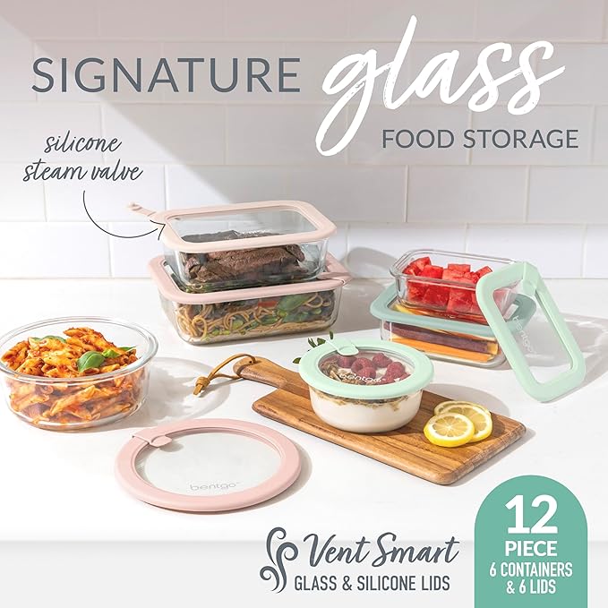 Bentgo Signature Leak-Proof Glass Food Storage - 12-Piece Set, 1-Compartment Meal Prep Plastic-Free Containers, Airtight Glass Lids, BPA-Free, Microwave, Freezer, Oven, Dishwasher Safe (Desert Sage)
