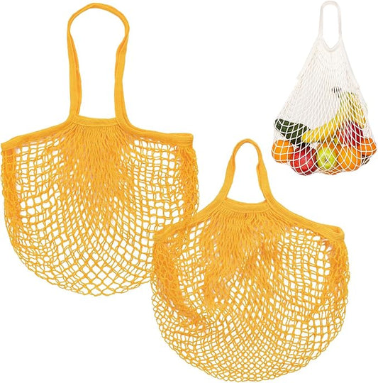 2-Pack Cotton Mesh Bag, Reusable Washable Mesh Net String Grocery Bags, Reusable Produce Bags with Handle, Net Tote Bag for Fruits/Vegetables Shopping [Yellow, Long&Short Handle]