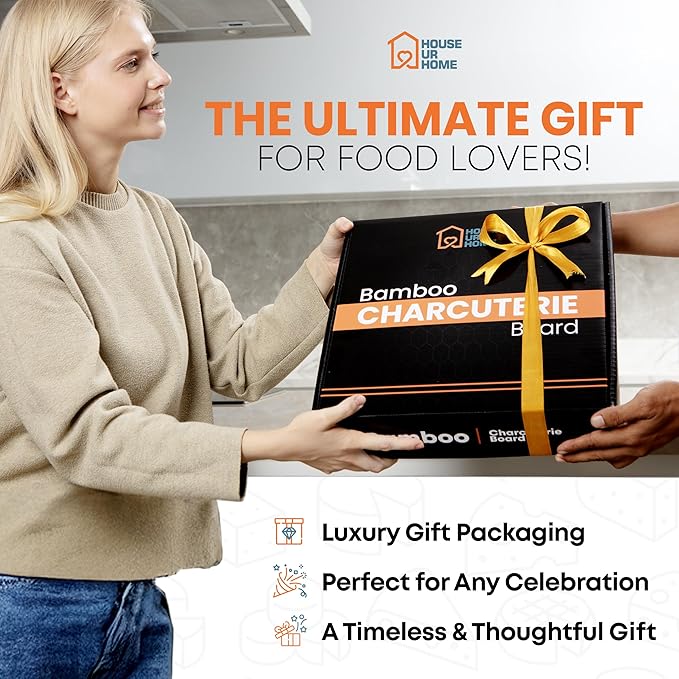 Large Bamboo Charcuterie Board Gift Set with Hidden Drawer, Fruit Tray, Knives & Bowls for Hosting & Holiday Entertaining