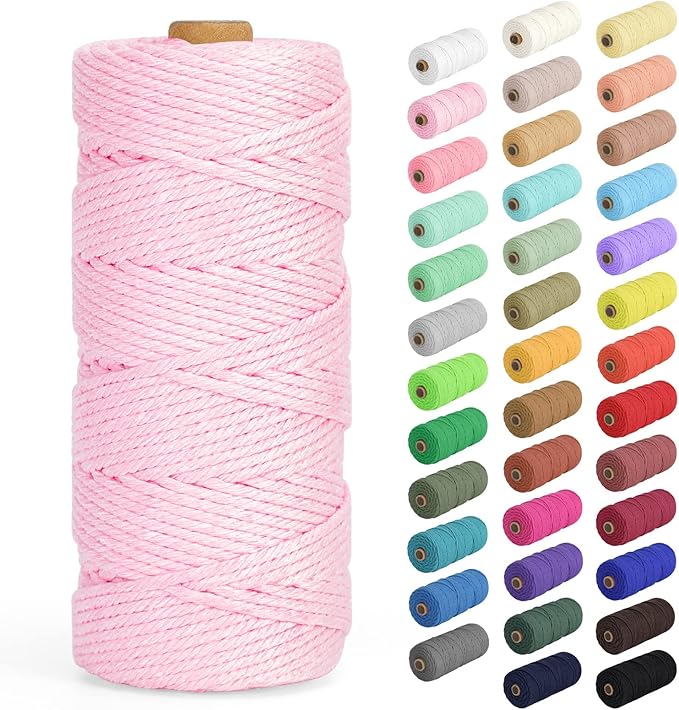 Macrame Cord 3mm x 109Yards (328Feet), Natural Cotton Macrame Rope - 4 Strands Twisted Macrame Cotton Cord for Wall Hanging, Plant Hangers, Crafts, Gift Wrapping and Wedding Decorations, Light Pink