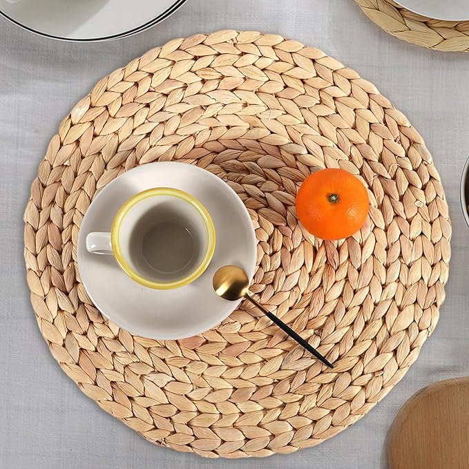 Wicker Placemats, Rattan Placemats, 8Pcs Woven, 13 Inch Farmhouse Round Water Hyacinth Braided for Dining Table, Home, Wedding