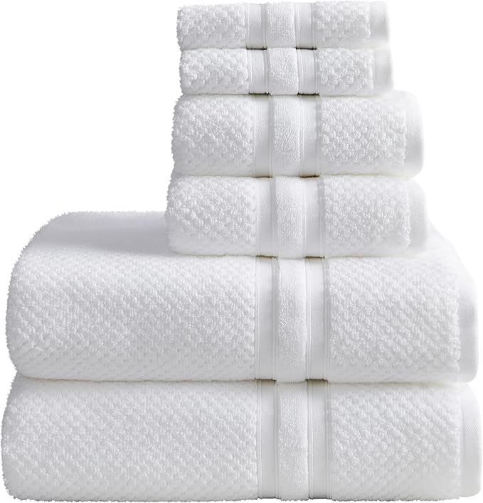 Springtree Home White Bath Towels Set of 6 | Popcorn Textured | 100% Combed Cotton | Absorbent Quick-Dry Towels for Bathroom | Oeko-TEX® Standard 100 Cotton | Poli Collection - Bright White