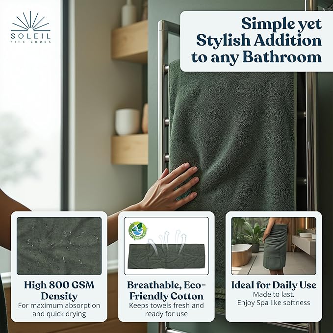 Soleil Fine Goods Luxurious 800 GSM 100% Cotton Bath Towel Set (4-Pack, 27x54) - Heavyweight & Ultra Absorbent, Plush Softness for Bathroom | Hotel & Spa Quality Luxury Towels- Forest