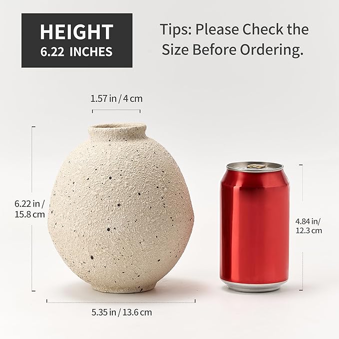 Ceramic Flower Vase, 6.22 Inch Rustic Farmhouse Vase Home Decor, Handcrafted Vintage Pottery Vase, Small Terracotta Vases for Living Room, Table, Shelf, Fireplace, Off-White