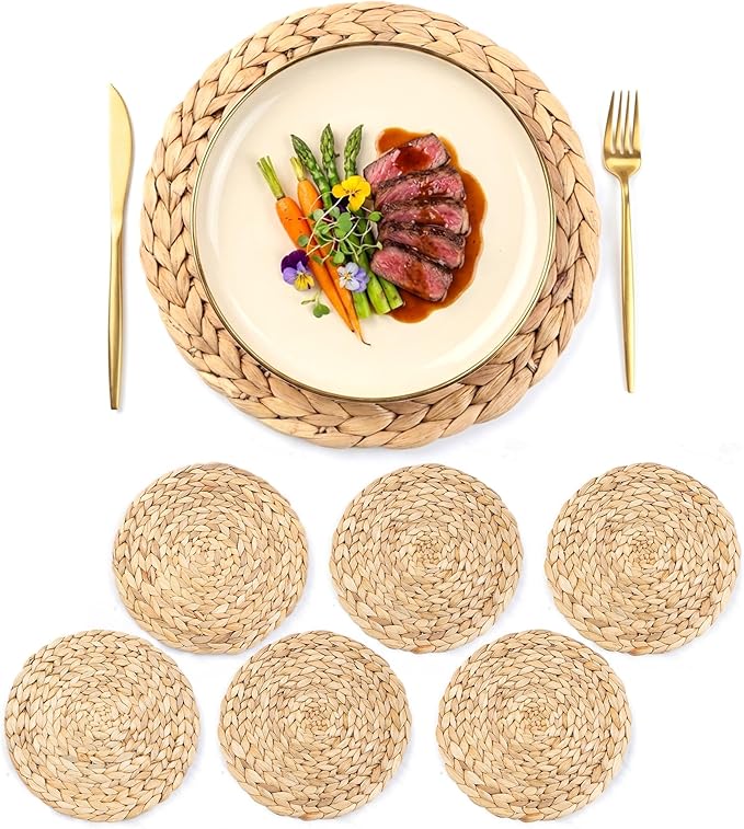 Natural Round Placemats Set of 6, 12 inch Woven Placemats, Herringbone Pattern, Table Mats Braided Heat Proof, Farmhouse Boho Table Place Mat Ourdoor Wicker Chargers for Dinner Plates