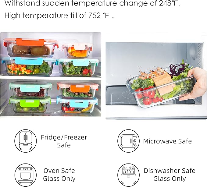 10 Pack Glass Food Storage Containers, Glass Meal Prep Containers with Lids Leak Proof, Clear Glass Bento Boxes for Adults, Microwave & Freezer Safe (34oz & 12oz)