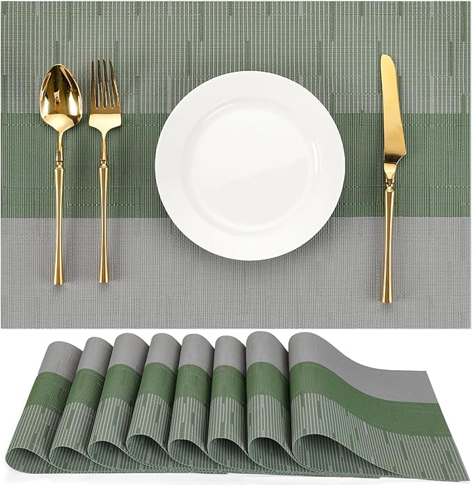 Placemats Set of 8, Vinyl Woven Place Mats Indoor Set of 8 Washable Wipeable PVC Table Mats Heat-Resistant Non Slip Placemat for Kitchen Dining Outdoor Table (Gray Sage Green, Set of 8)
