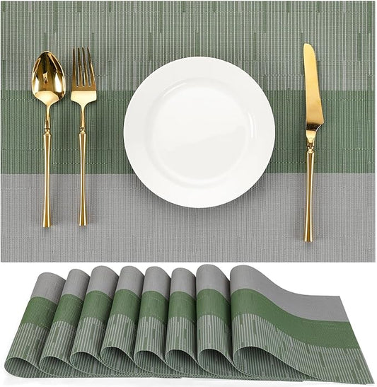Placemats Set of 8, Vinyl Woven Place Mats Indoor Set of 8 Washable Wipeable PVC Table Mats Heat-Resistant Non Slip Placemat for Kitchen Dining Outdoor Table (Gray Sage Green, Set of 8)