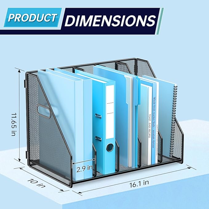 Desk File Organizer Metal Desk Magazine Folder Holder with 5 Vertical Compartments Rack File Organizer for Office, Home, School, Black