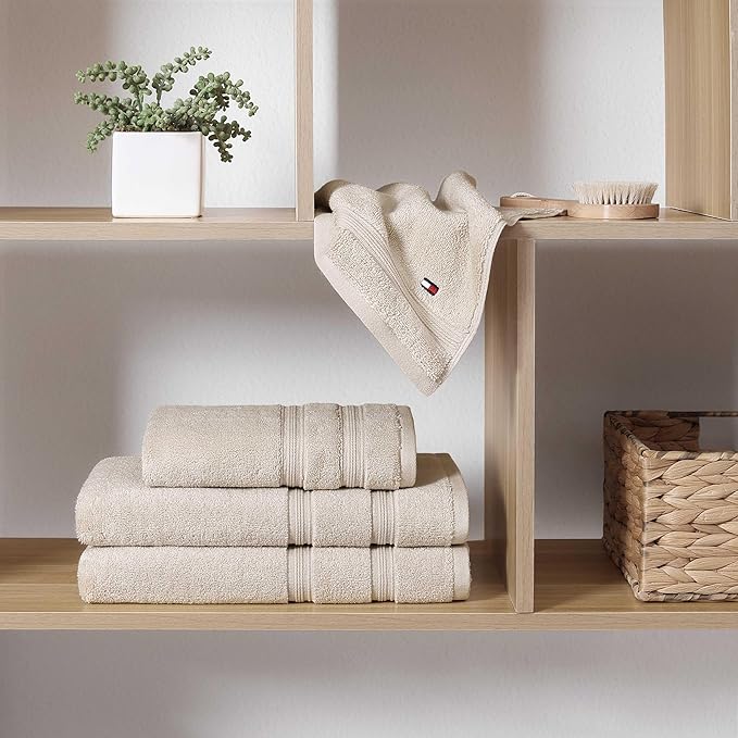 Tommy Hilfiger - Bath Towels, Ultra-Soft & Quick Drying with Zero Twist, 600 GSM Bathroom Towels with Iconic Flag Accent (Harborside Solid Beige, 6 Piece)