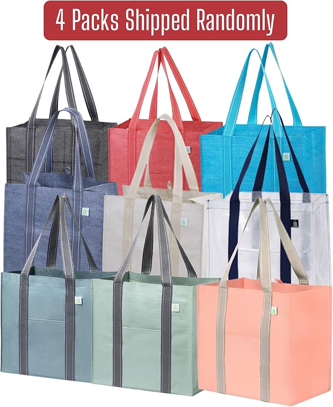 VENO 4 Pack Reusable Grocery Bags with Hard Bottom, Heavy Duty Foldable Shopping Bags for Cart (Random Colors, 4 Pack)