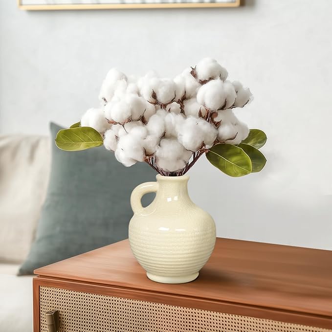 Sunddo White Ceramic Vase 6 Inch - Small Modern Flower Vase for Home Decor, Decorative Vases with Handle, Boho & Minimalist, Living Room Cabinet Table Centerpieces Wedding Beige