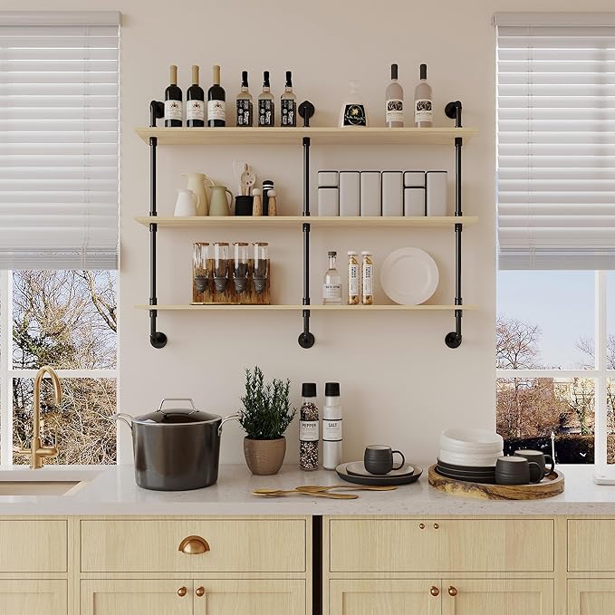 3-Tier Industrial Pipe Floating Shelf – Rustic 60 inch Wood Wall-Mounted Storage Shelf for Kitchen Office,Bathroom & Home Decor -White Oak