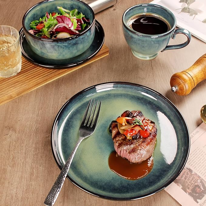Ceramic Dinnerware (16 pcs) Serve 4 people, Plates and Bowls Sets,Handmade Reactive Glaze Dishes Set,Chip Resistant and Scratch Resistant,Dishwasher, Microwave Safe