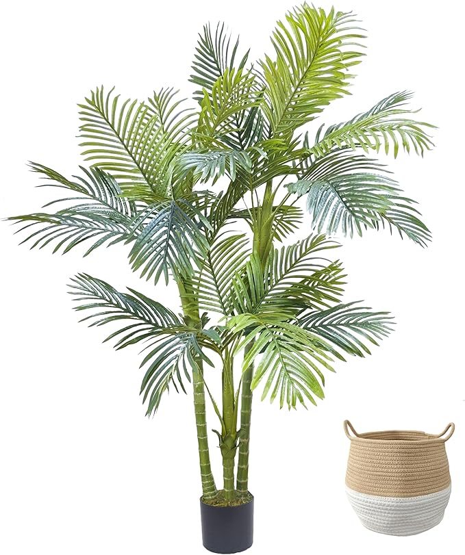 Artificial Palm Tree, 6ft Golden Cane Fake Palm Plant with Basket, Large Phoenix Palm UV Resistant Faux Plants for Indoor Outdoor Home Garden Patio Office Décor