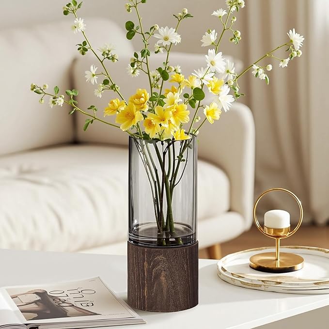 VECELO Artistic Flower vase with Wooden Base, 7" Tall Boho Rustic Cylinder Glass vase for Fresh Flowers, Fireplace Bedroom Kitchen Living Room