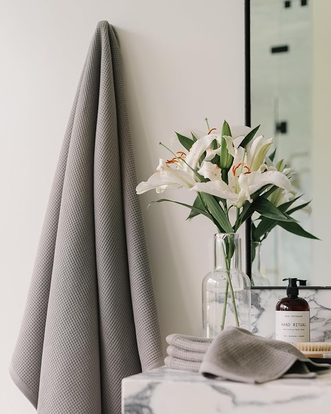 Cozy Earth Complete Waffle Bath Bundle - 60% Cotton 40% Viscose from Bamboo - Quick Dry & Ultra-Soft Waffle Weave Bath Towels - 4 Washcloths, 2 Hand Towels, 2 Bath Towels, 2 Bath Sheets, Charcoal