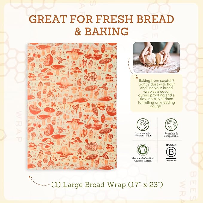 Bee's Wrap Beeswax Wraps for Food - Bread Wrap - Made in USA Reusable Bread Storage Bags - Organic & Eco-Friendly Alternative to Aluminum Foil, Sourdough Bags & Plastic Wrap, Mushroom Magic