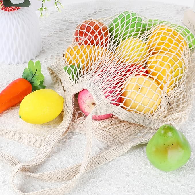 2 Pack Reusable Mesh Grocery Bags, String Bags Cotton Net Tote Produce Bag Washable Long Handle Farmers Market Bag Portable Fruit and Vegetable Bags, Beige