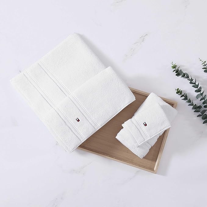 Tommy Hilfiger - Bath Towels, Ultra-Soft & Quick Drying with Zero Twist, 600 GSM Bathroom Towels with Iconic Flag Accent (Harborside Solid White, 6 Piece)