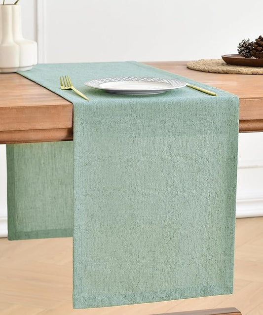 Wracra Linen Style Table Runner, Rustic Farmhouse Christmas Red Table Runners 60 Inches Long, Handcrafted Table Runner for Fall, Winter - Everyday Use and Machine Washable, Light Green 60"