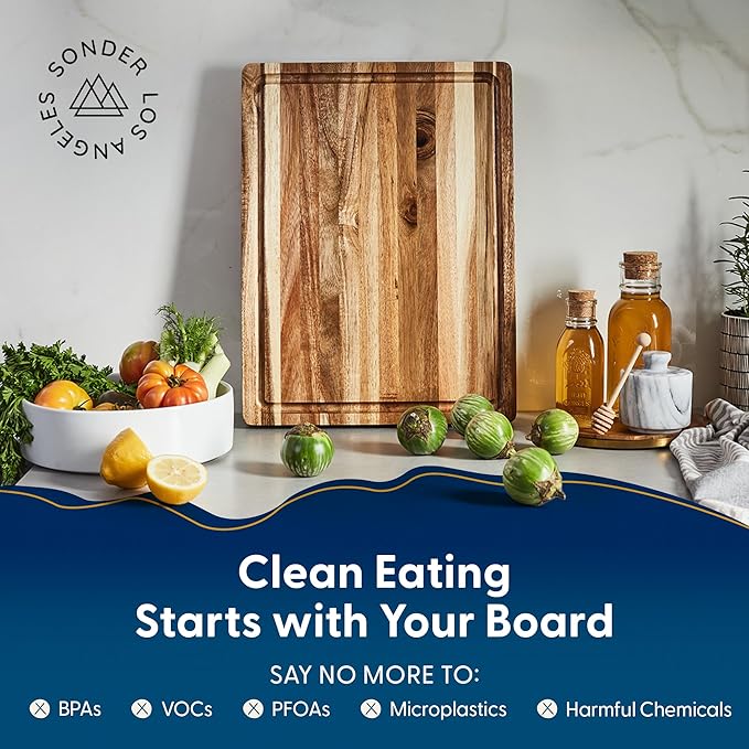 Sonder Los Angeles, Thick Sustainable Acacia Wood Cutting Board for Kitchen with Juice Groove, Sorting Compartment, Charcuterie 16x12x1.5 in (Gift Box Included)
