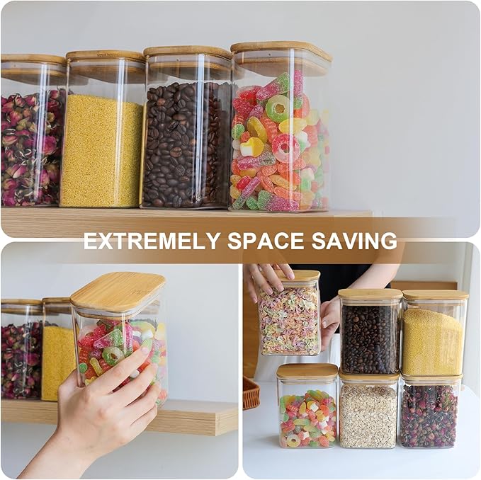 Liuruiyu Glass Storage Jars 12 * 8cm [Set of 6],Clear Glass Food Storage Containers with Airtight Bamboo Lid Stackable Kitchen Canisters for Candy,Cookie,Rice,Sugar,Flour,Pasta(Square)