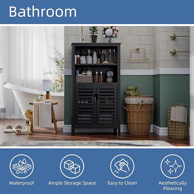 HITNET Black Bathroom Storage Cabinet, Freestanding Bamboo Floor Cabinet 5 Tier Tall Kitchen Cupboard with Door and Removable Shelves
