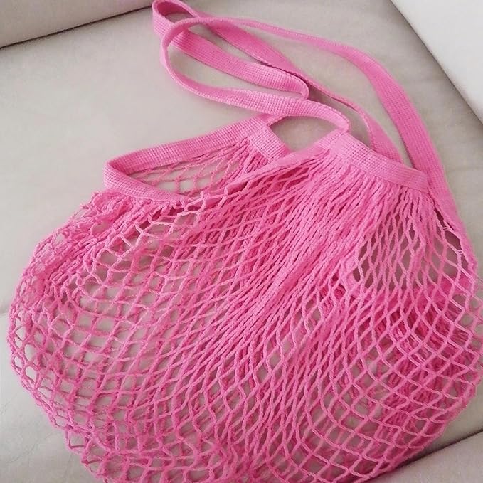 Zyzhogar 3 Pack Cotton Mesh Grocery Bags,Reusable Grocery Net Bags Washable Fruit and Vegetable Storage Bag Long Handle Net Tote Shopping Bags for Farmers Market, Grocery,Shoping or Trip,Hot Pink