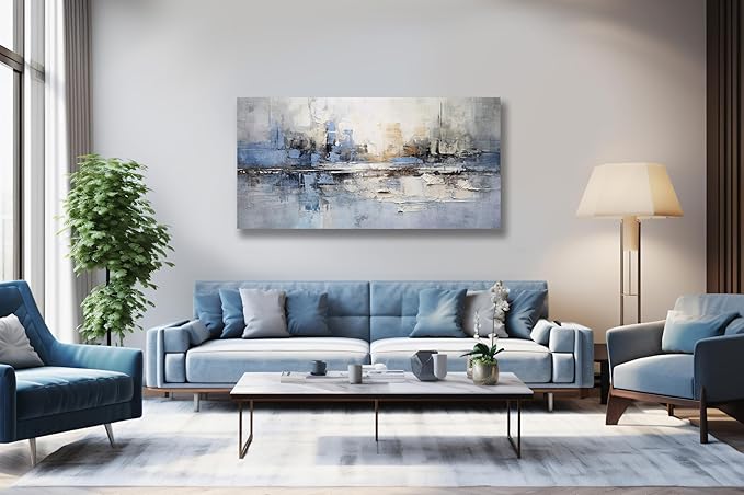 VHMING Abstract Wall Art Wall Decor Blue and Gray White Modern Canvas Wall Paintings Abstract Artwork for Living Room Bedroom Bathroom Office Home Decor Can Be Hung Directly 29"x 58"