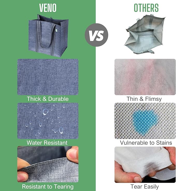 VENO 4 Pack Reusable Grocery Bags, Heavy-Duty Shopping Bags with Handles, Bags for Shopping Cart with Hard Bottom to Stand Upright, Foldable, Multi-Purpose(Gray, 4 Pack)