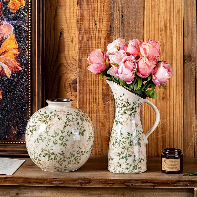Set of 2 Vases, Green and Beige Pastoral Vintage Vase Set for Flowers, Rustic Farmhouse Decorative Vases for Home Decor, Chinoiserie Floral Vase, Living Room Table Centerpiece