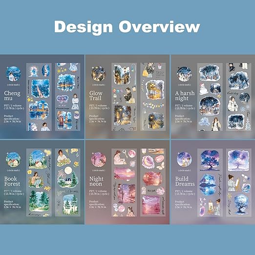 Moonlit PET Tape Set, 6Rolls Pre-Cut Night Scenery Stickers for Scrapbooking & Journaling, Includes Clip, Large Size, Ideal for Collage, DIY Crafts