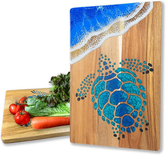 Acacia Wood Cutting Board With Blue Resin Wave & Sea Turtle Epoxy Resin Ocean Pan for Kitchen Meal Prep Serving Tray Versatile Cheese & Charcuterie Board for Meat Vegetable Gift 15*10 inch