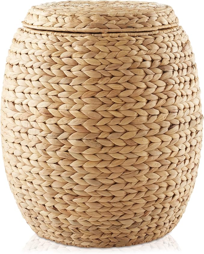 Casafield Round Storage Basket with Lid - Natural, Handwoven Water Hyacinth Organizer for Laundry, Blankets, Plants, Bedroom, Living Room, Home Office