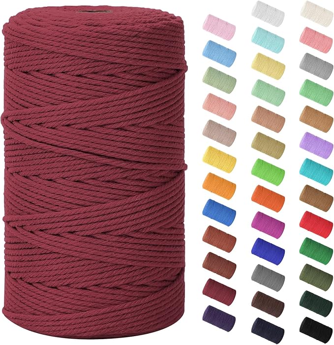 Natural Cotton Macrame Rope - 3mm x 220Yards (656Feet), 4 Strands Twisted Cotton Cord for Wall Hanging, Plant Hangers, Crafts, Gift Wrapping and Wedding Decorations, Wine Red