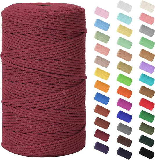 Natural Cotton Macrame Rope - 3mm x 220Yards (656Feet), 4 Strands Twisted Cotton Cord for Wall Hanging, Plant Hangers, Crafts, Gift Wrapping and Wedding Decorations, Wine Red