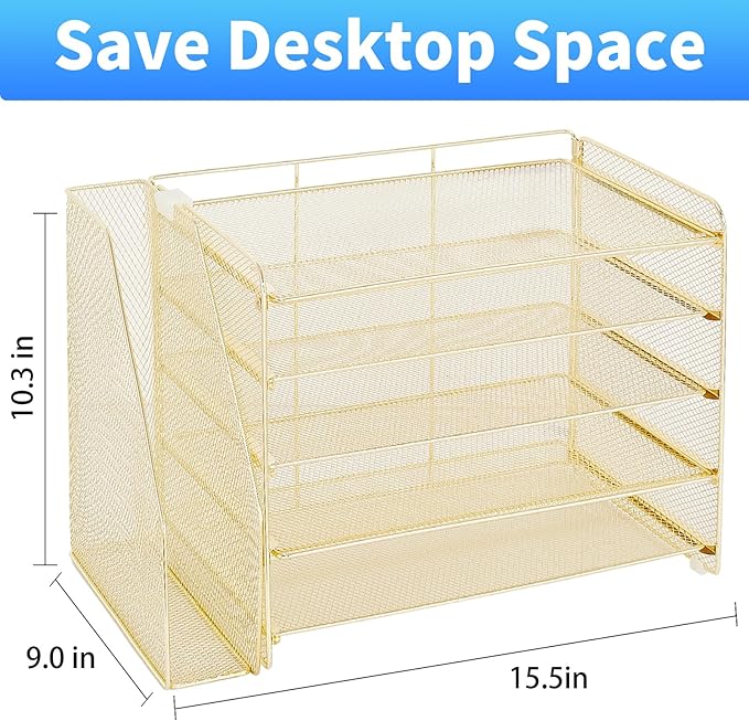 OPNICE 5-Tier Paper Organizer with Magazine Holder, Desk Organizers and Accessories, Office Desk Accessories & Workspace Organizers, Desktop File Organizer for Office Supplies Storage, Gold