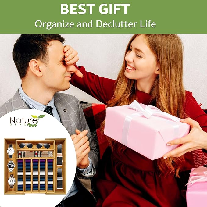 Nature Gear Bamboo Kitchen Drawer Organizer, Expandable Wood Utensil Tray, Adjustable Silverware Organizer with 9 Compartments for Fork, Spoon & Knife Utensils