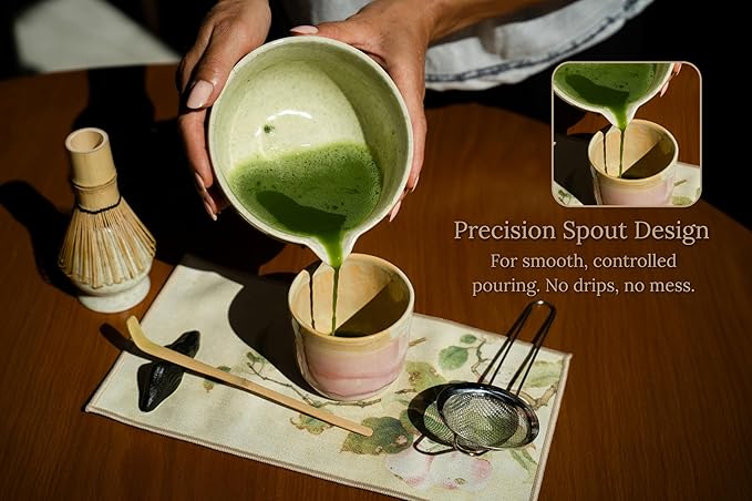 Matcha Whisk Set – 7 Pcs Matcha Kit - Ceramic Bowl, Bamboo Whisk & Holder, Scoop, Sifter, Scoop Rest & Tea Towel – Elegant Matcha Kit for Tea Lovers, Home Decor & Zen Spaces (Green)