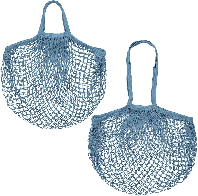 2-Pack Cotton Mesh Bag, Reusable Washable Mesh Net String Grocery Bags, Reusable Produce Bags with Handle, Net Tote Bag for Fruits Shopping [Gray-Blue, Long&Short Handle]
